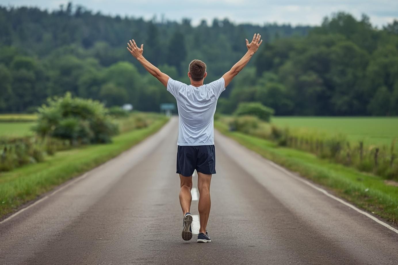 Ein Läufer von hinter, der in der Mitter einer geraden Straße geht und die Arme jubelnd in die Höhe hebt