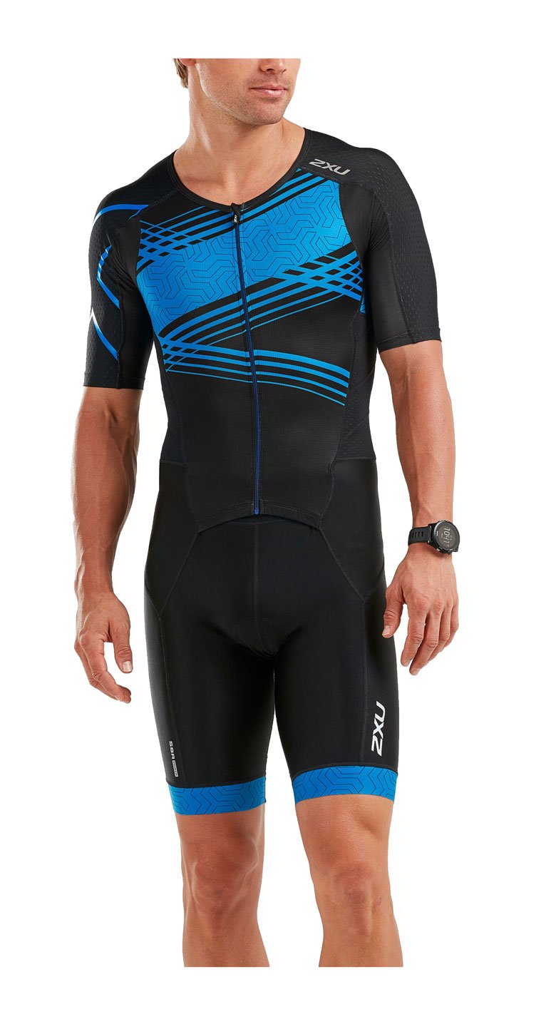 2XU Perform Full Zip Sleeved TriSuit, Herren, Schwarz/Signal Blau Print