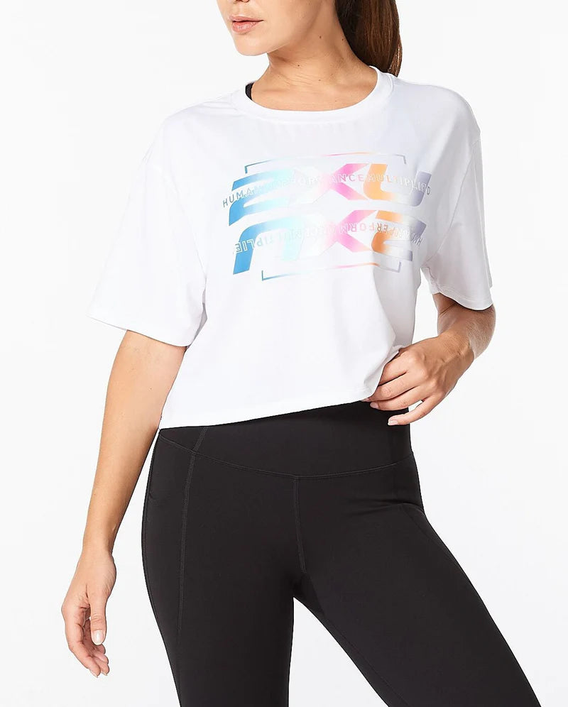 2XU Motion Form Crop Tee, Damen, White/Fantasy Ombre