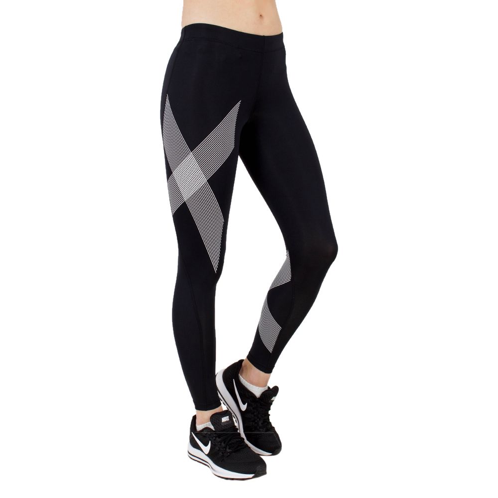 2XU Damen Mid-Rise Compression Tights, Black/Striped White