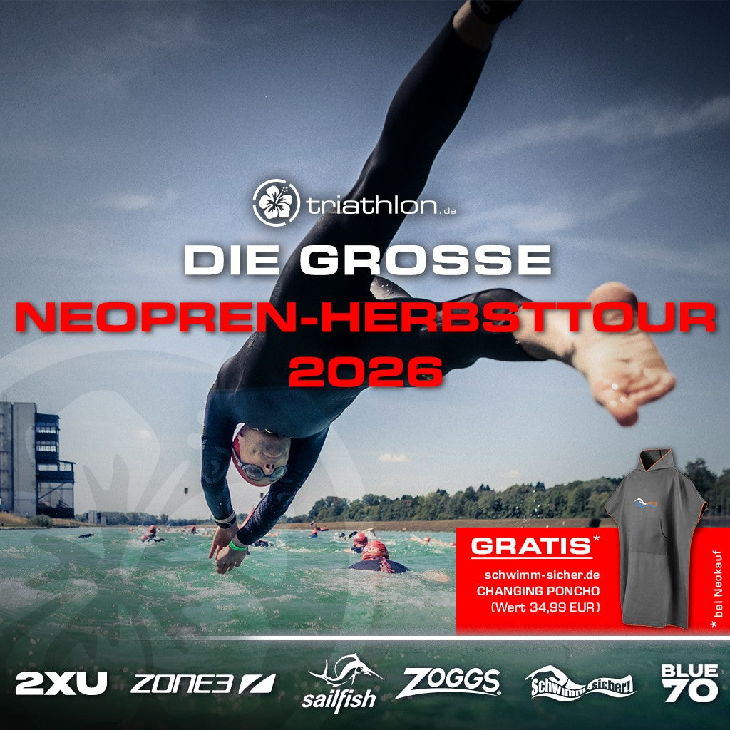 Banner Hersttour Neotest Schwimmer springt ins Wasser, Poncho gratis, mehrere Logos von Herstellern