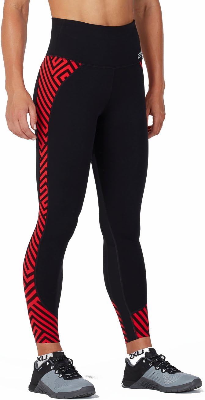 2XU Fitness Hi-Rise Compression Tights, Damen, Laufhose, Black/Red Lines