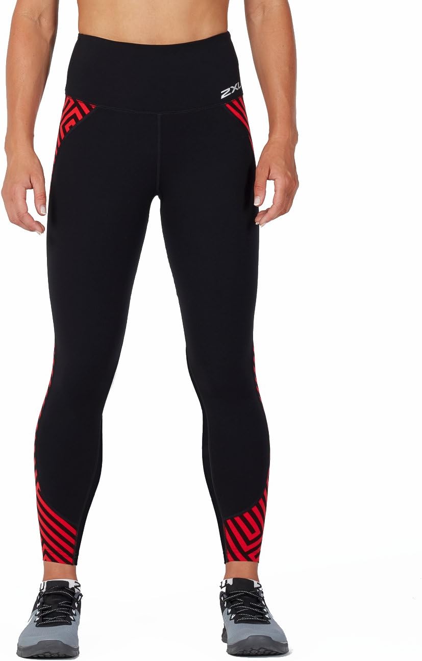 2XU Fitness Hi-Rise Compression Tights, Damen, Laufhose, Black/Red Lines